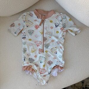 Pehr Pink Seashell Print Short Sleeve Swimsuit Rash Guard, Size 2-3T